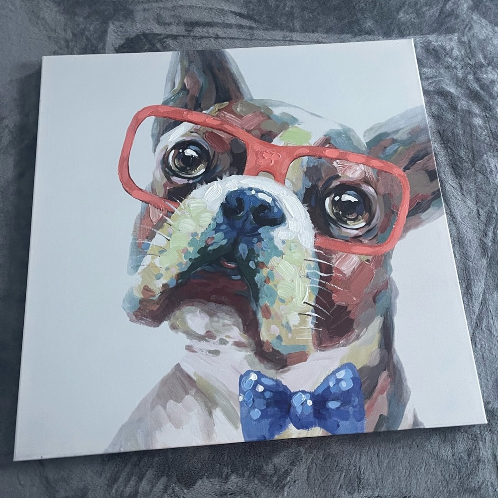 30 x 30 Boston Terrier Preppy Nerd Canvas with Paint Embellishments